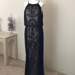 Long black lace panel dress